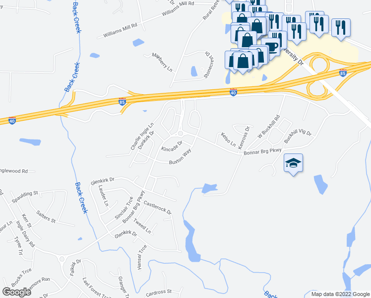 map of restaurants, bars, coffee shops, grocery stores, and more near 1826 Buxton Way in Burlington