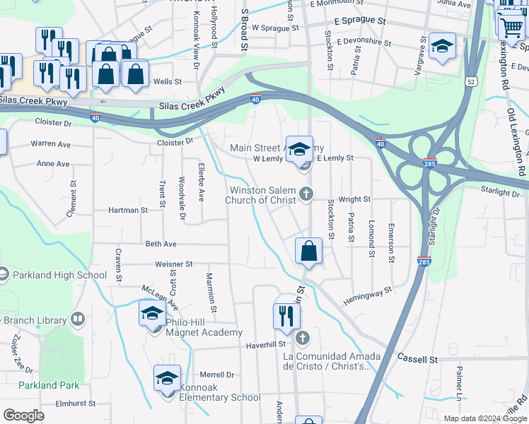 map of restaurants, bars, coffee shops, grocery stores, and more near 2780 Edwards Street in Winston-Salem