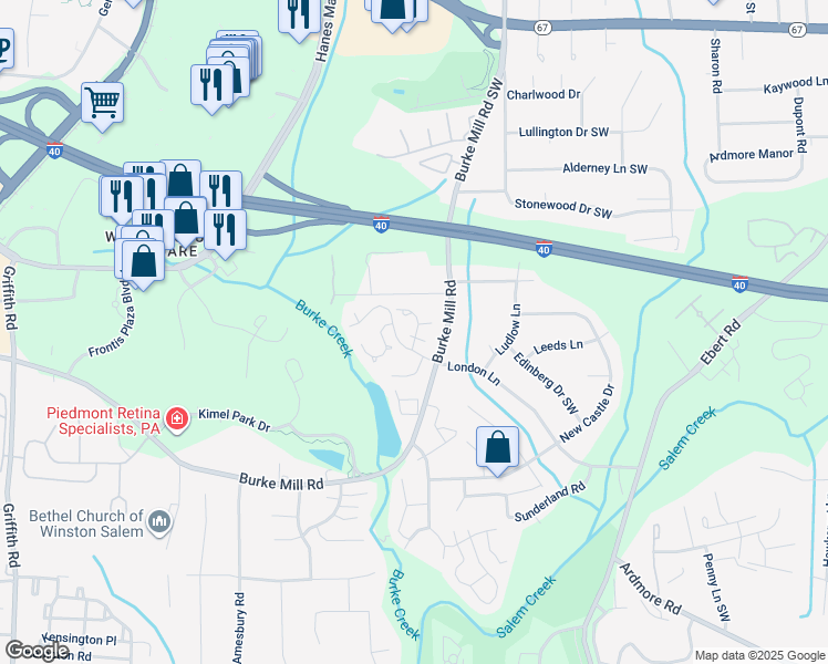 map of restaurants, bars, coffee shops, grocery stores, and more near 2801 Kingsdale Court in Winston-Salem