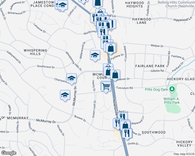 map of restaurants, bars, coffee shops, grocery stores, and more near 5011 Hasty Drive in Nashville