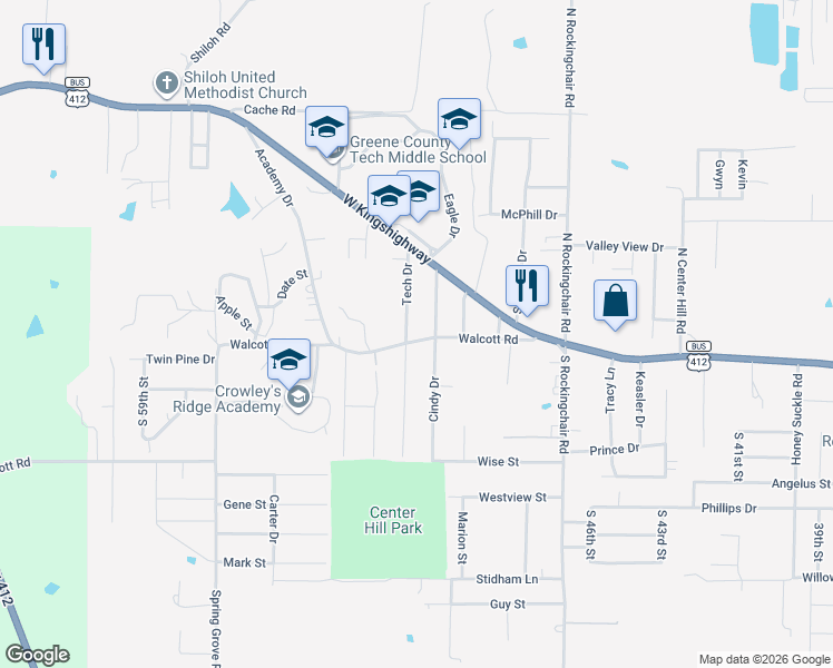 map of restaurants, bars, coffee shops, grocery stores, and more near 300 Cindy Street in Paragould