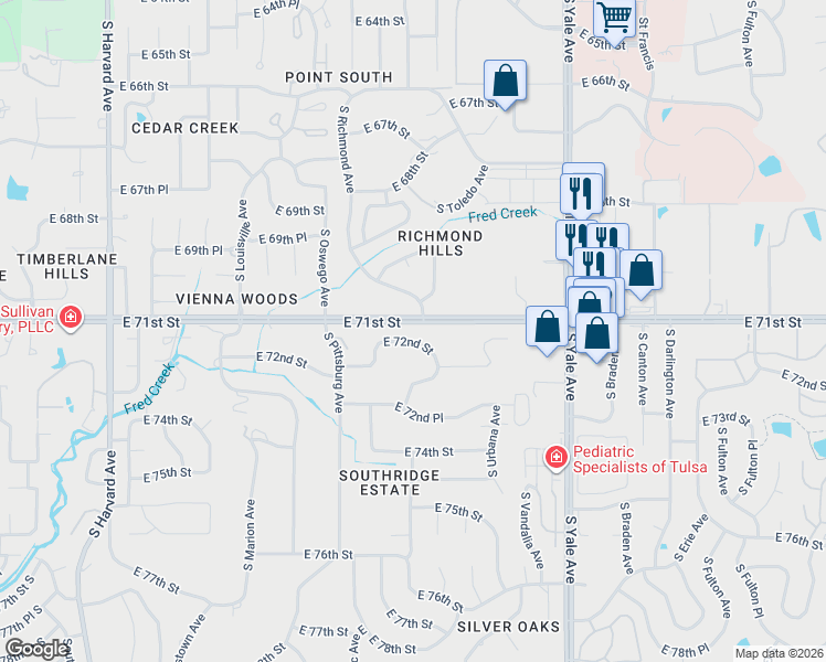 map of restaurants, bars, coffee shops, grocery stores, and more near 4233 East 72nd Street in Tulsa