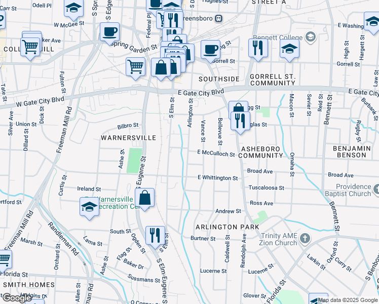map of restaurants, bars, coffee shops, grocery stores, and more near 803 Arlington Street in Greensboro