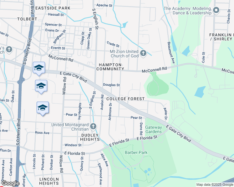 map of restaurants, bars, coffee shops, grocery stores, and more near 2501 East Gate City Boulevard in Greensboro