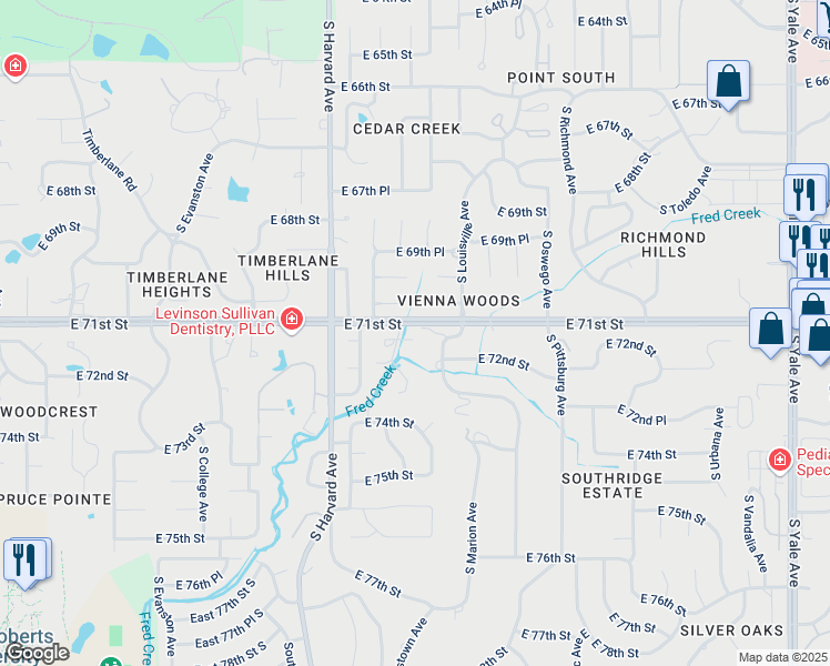 map of restaurants, bars, coffee shops, grocery stores, and more near 3516 East 71st Place in Tulsa