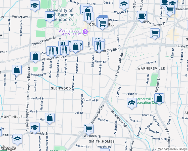 map of restaurants, bars, coffee shops, grocery stores, and more near 901 Silver Avenue in Greensboro