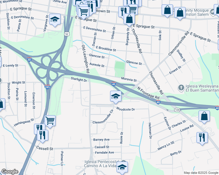 map of restaurants, bars, coffee shops, grocery stores, and more near 818 Morsinie Street in Winston-Salem