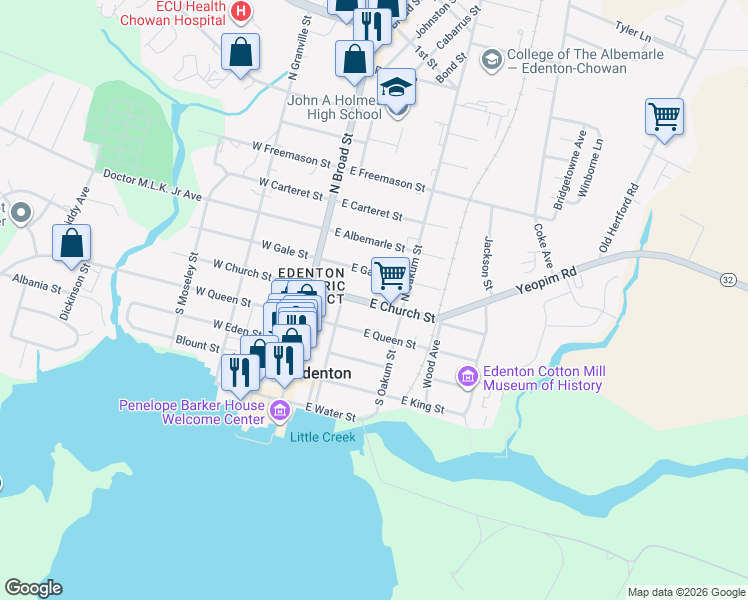 map of restaurants, bars, coffee shops, grocery stores, and more near 220 North Carolina 32 in Edenton