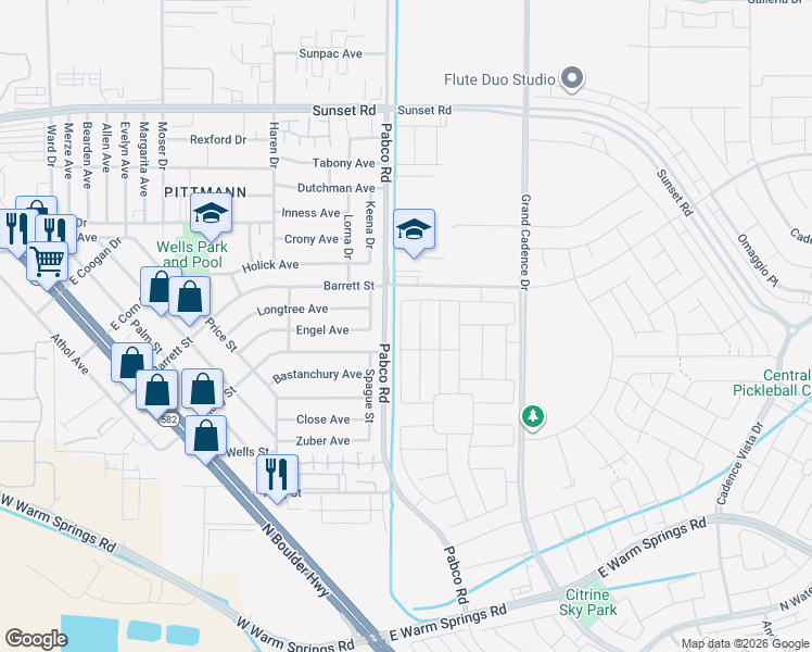 map of restaurants, bars, coffee shops, grocery stores, and more near 1400-1598 Pabco Road in Henderson