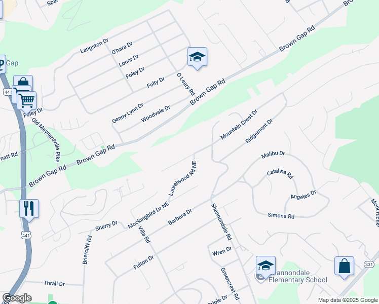 map of restaurants, bars, coffee shops, grocery stores, and more near 4920 Mountain Crest Drive in Knoxville