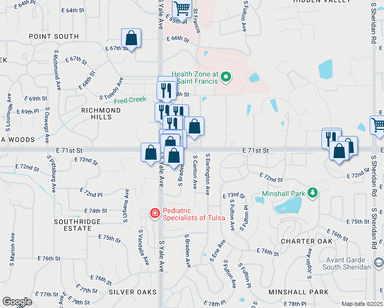 map of restaurants, bars, coffee shops, grocery stores, and more near 7121 South Canton Avenue in Tulsa