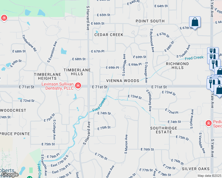 map of restaurants, bars, coffee shops, grocery stores, and more near 3516 East 71st Place in Tulsa