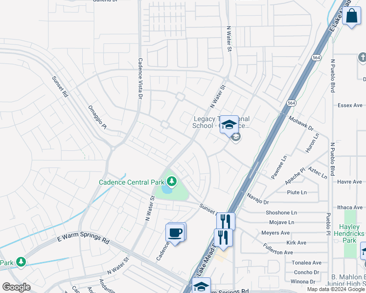 map of restaurants, bars, coffee shops, grocery stores, and more near 1075 North Water Street in Henderson