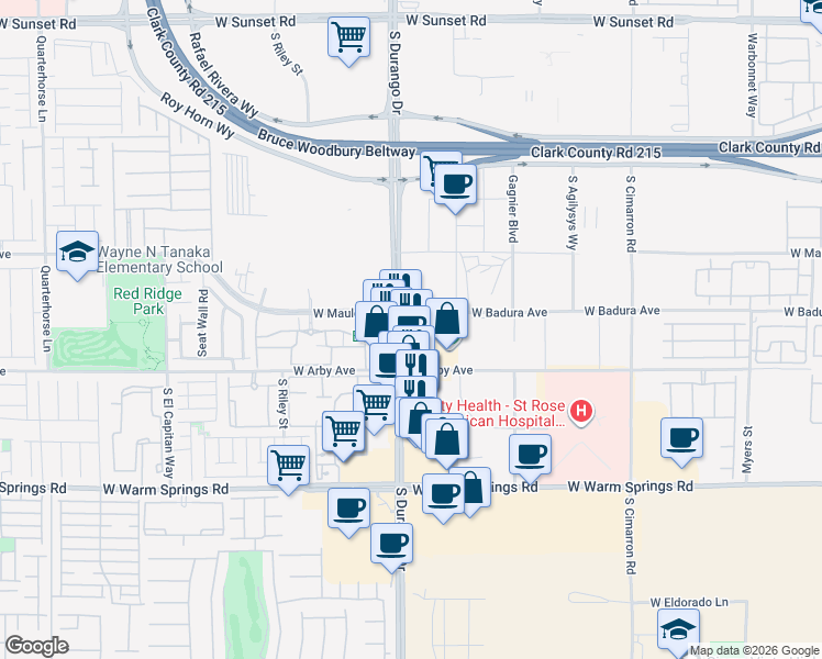 map of restaurants, bars, coffee shops, grocery stores, and more near 7030 West Badura Avenue in Las Vegas