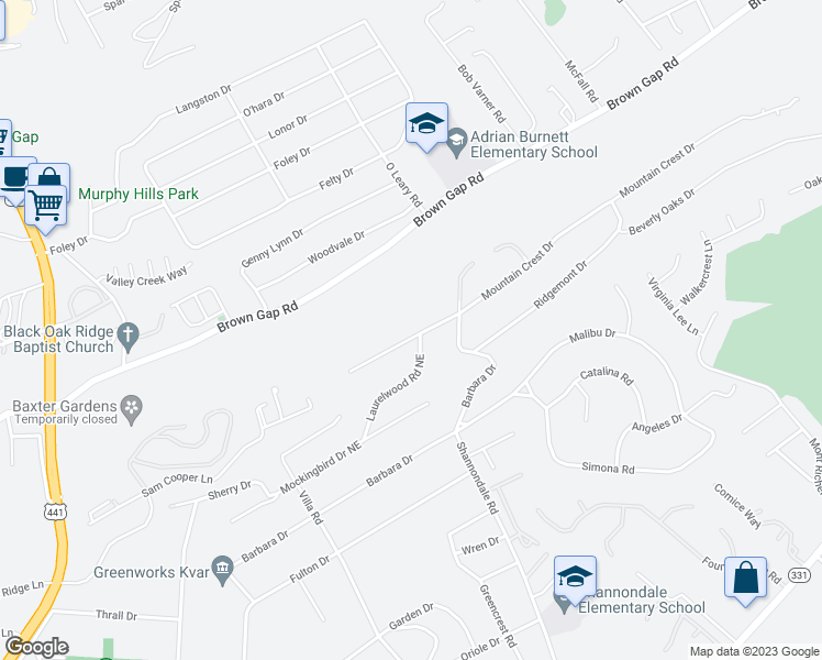 map of restaurants, bars, coffee shops, grocery stores, and more near 4920 Mountain Crest Drive in Knoxville