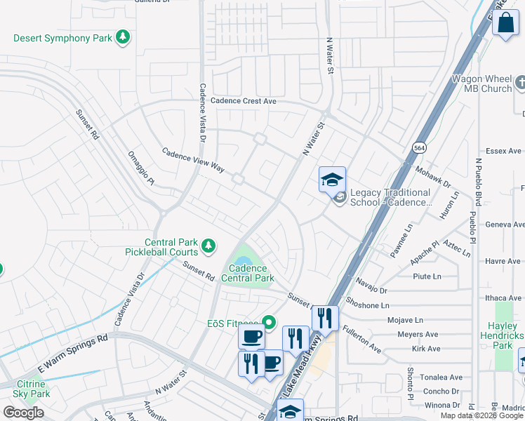 map of restaurants, bars, coffee shops, grocery stores, and more near 1075 North Water Street in Henderson