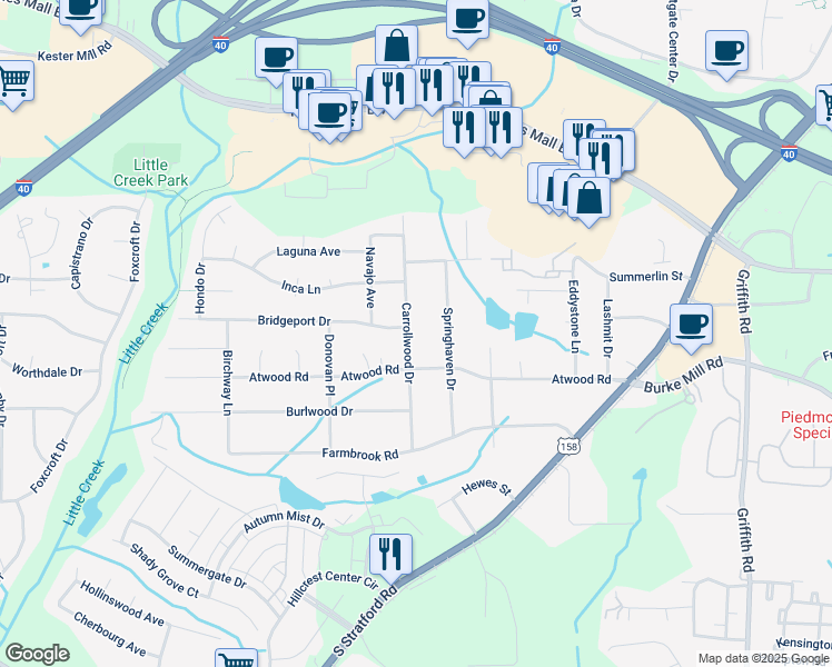 map of restaurants, bars, coffee shops, grocery stores, and more near 2941 Carrollwood Drive in Winston-Salem