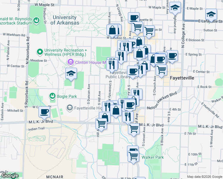 map of restaurants, bars, coffee shops, grocery stores, and more near 129 South University Avenue in Fayetteville
