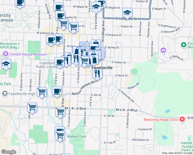 map of restaurants, bars, coffee shops, grocery stores, and more near 204 South East Avenue in Fayetteville