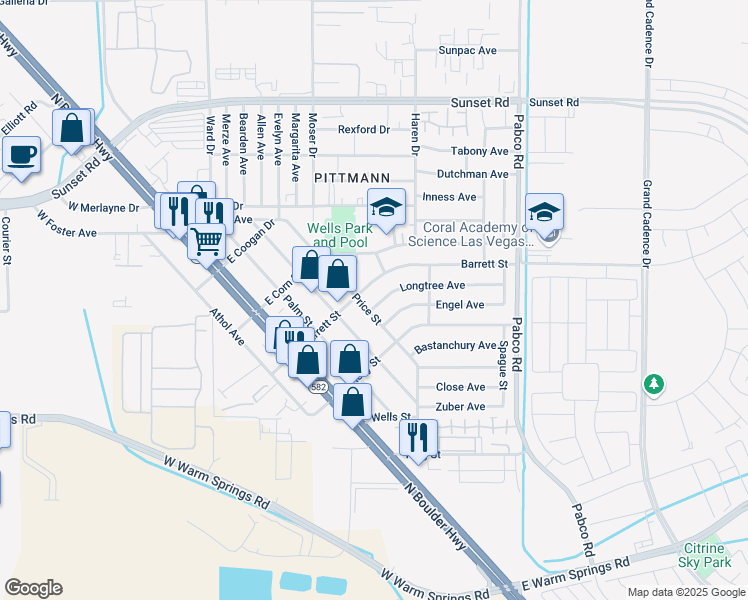 map of restaurants, bars, coffee shops, grocery stores, and more near 405 Longtree Avenue in Henderson