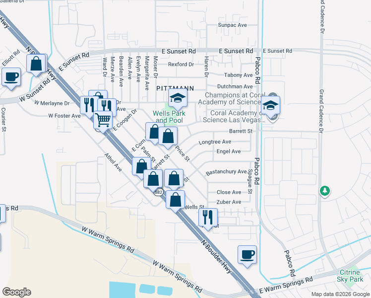 map of restaurants, bars, coffee shops, grocery stores, and more near 405 Longtree Avenue in Henderson