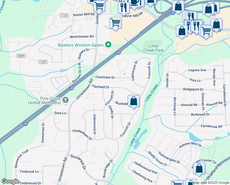 map of restaurants, bars, coffee shops, grocery stores, and more near 2 Worthdale Court in Winston-Salem