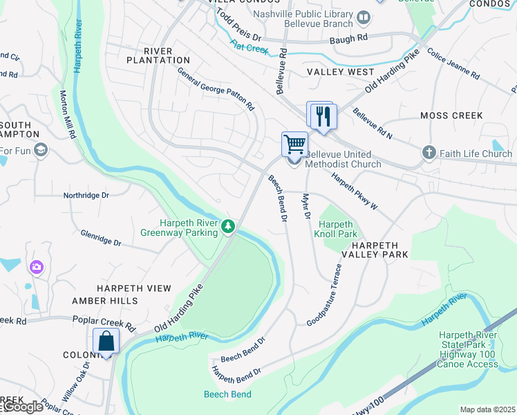map of restaurants, bars, coffee shops, grocery stores, and more near 112 Beech Bend Court in Nashville