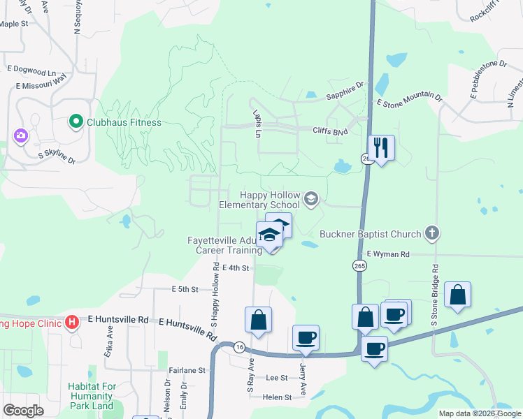 map of restaurants, bars, coffee shops, grocery stores, and more near 207 South Woodsprings Drive in Fayetteville