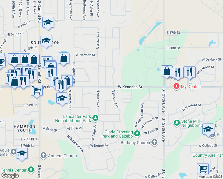 map of restaurants, bars, coffee shops, grocery stores, and more near 808 North Willow Avenue in Broken Arrow
