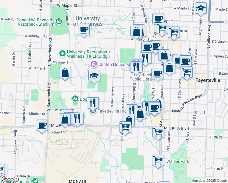 map of restaurants, bars, coffee shops, grocery stores, and more near 121 S Duncan Ave in Fayetteville
