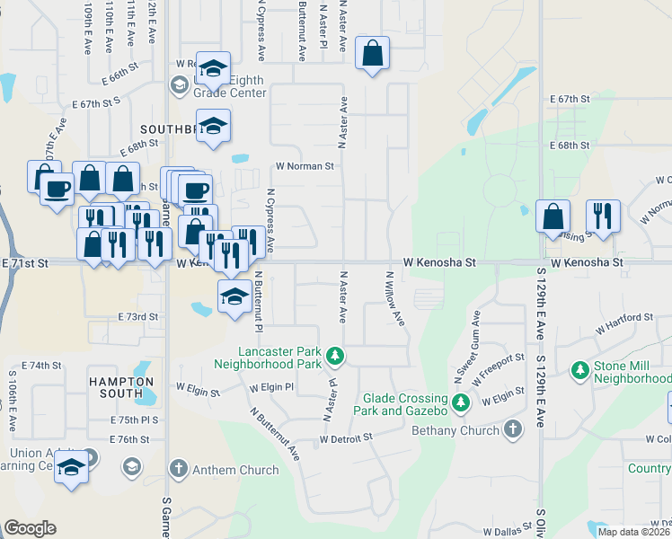 map of restaurants, bars, coffee shops, grocery stores, and more near 817 North Aster Avenue in Broken Arrow