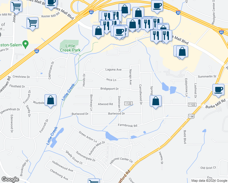 map of restaurants, bars, coffee shops, grocery stores, and more near 2812 Bridgeport Drive in Winston-Salem