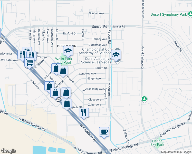 map of restaurants, bars, coffee shops, grocery stores, and more near 525 Engel Avenue in Henderson