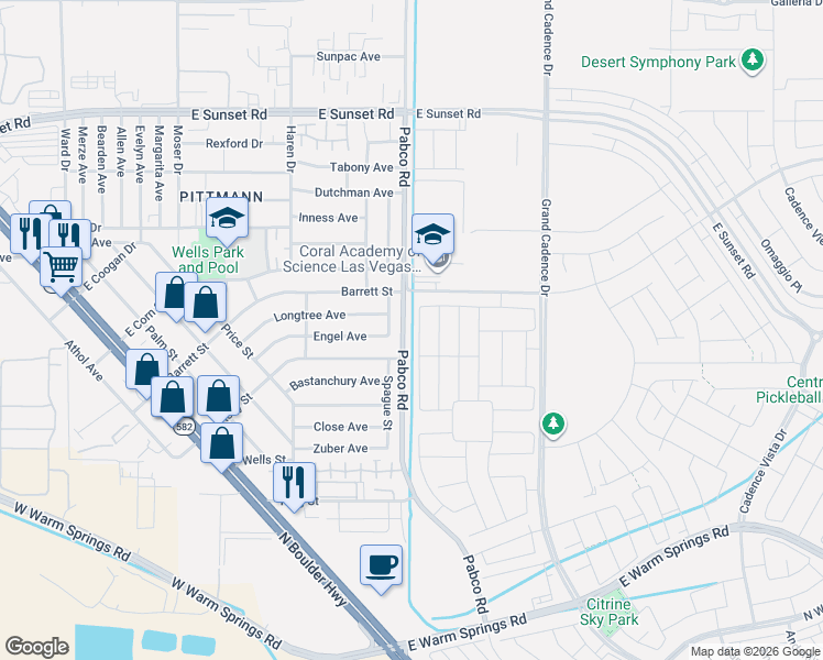 map of restaurants, bars, coffee shops, grocery stores, and more near 1400-1598 Pabco Road in Henderson