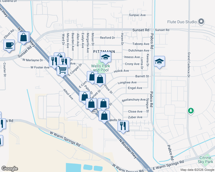 map of restaurants, bars, coffee shops, grocery stores, and more near 1437 Price Street in Henderson