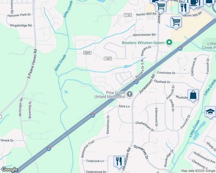 map of restaurants, bars, coffee shops, grocery stores, and more near 1258 United Court in Winston-Salem