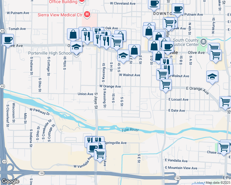 map of restaurants, bars, coffee shops, grocery stores, and more near 322 South H Street in Porterville