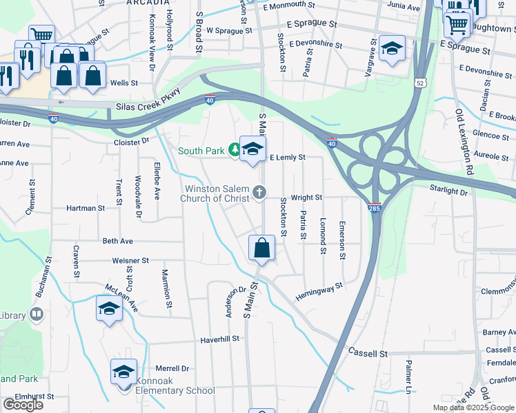 map of restaurants, bars, coffee shops, grocery stores, and more near 2829 Woodleigh Street in Winston-Salem