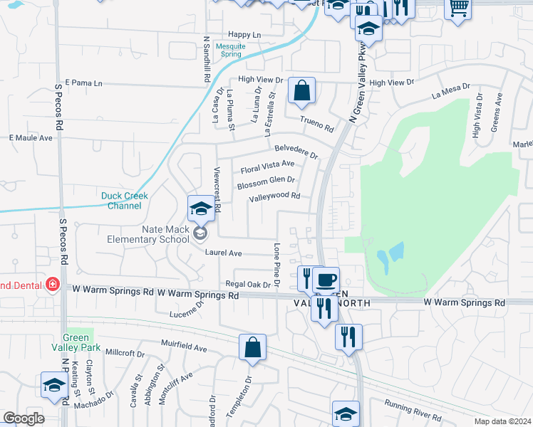 map of restaurants, bars, coffee shops, grocery stores, and more near 2344 Red Willow Lane in Henderson