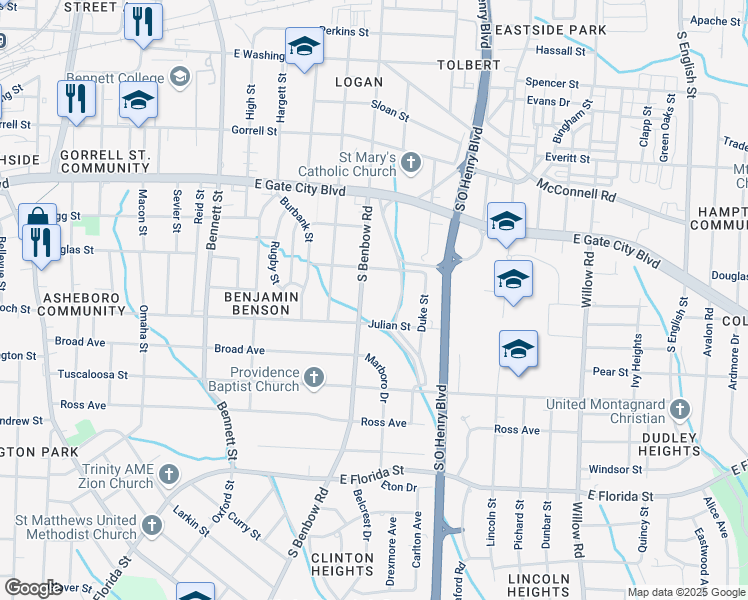 map of restaurants, bars, coffee shops, grocery stores, and more near 1115 South Benbow Road in Greensboro