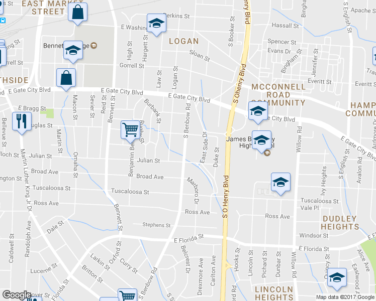 map of restaurants, bars, coffee shops, grocery stores, and more near 1115 South Benbow Road in Greensboro