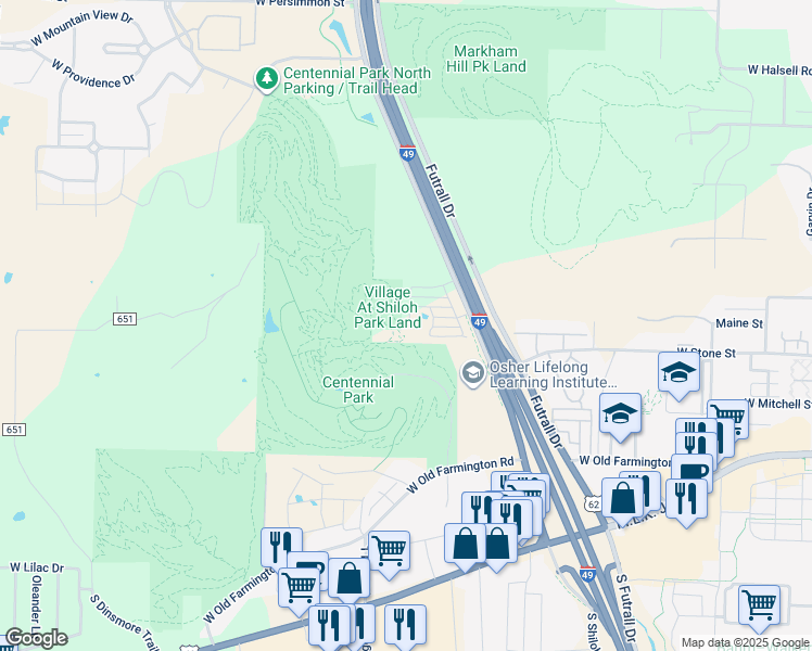 map of restaurants, bars, coffee shops, grocery stores, and more near 275 South Rolling Woods Way in Fayetteville