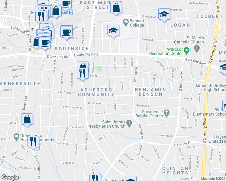 map of restaurants, bars, coffee shops, grocery stores, and more near 924 Omaha Street in Greensboro