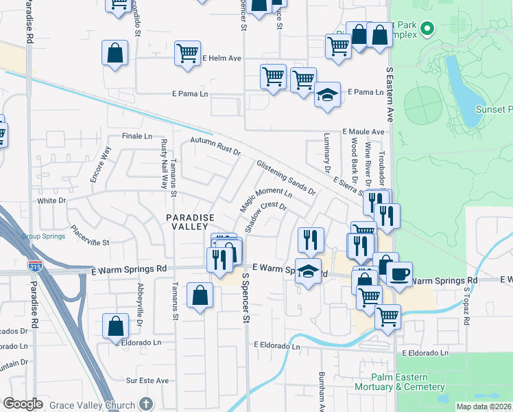 map of restaurants, bars, coffee shops, grocery stores, and more near 7117 Shadow Crest Drive in Las Vegas