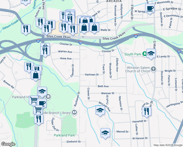 map of restaurants, bars, coffee shops, grocery stores, and more near 617 Hartman Street in Winston-Salem