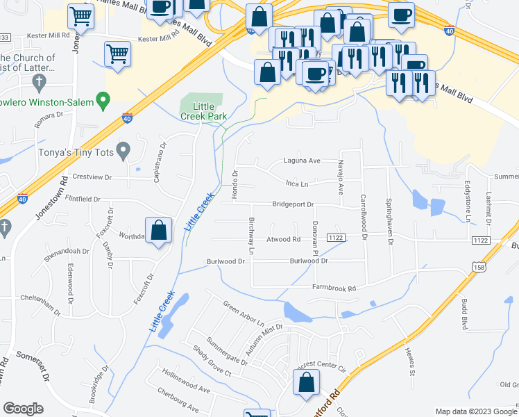 map of restaurants, bars, coffee shops, grocery stores, and more near 2872 Bridgeport Drive in Winston-Salem