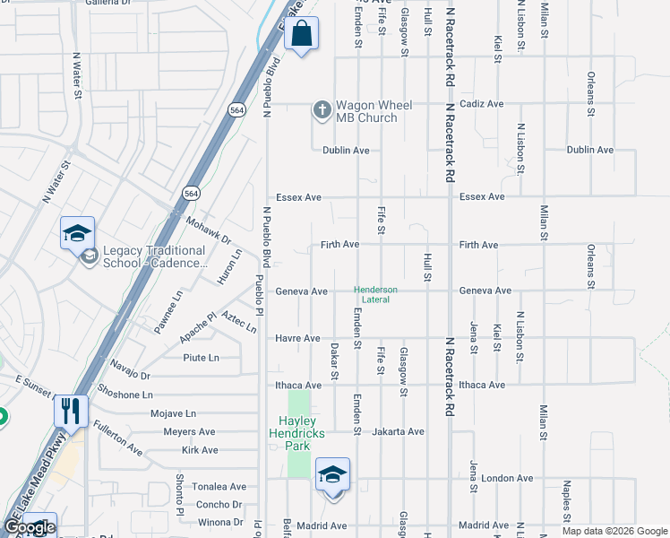 map of restaurants, bars, coffee shops, grocery stores, and more near Dakar Street in Henderson