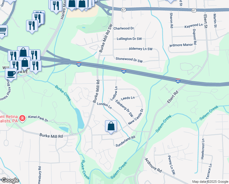 map of restaurants, bars, coffee shops, grocery stores, and more near 2106 Ludlow Lane in Winston-Salem