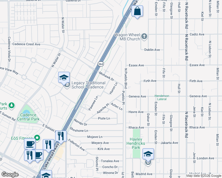 map of restaurants, bars, coffee shops, grocery stores, and more near 425 Apache Place in Henderson