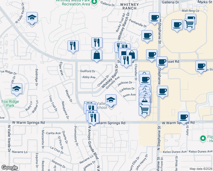 map of restaurants, bars, coffee shops, grocery stores, and more near 530 Grimsby Avenue in Henderson